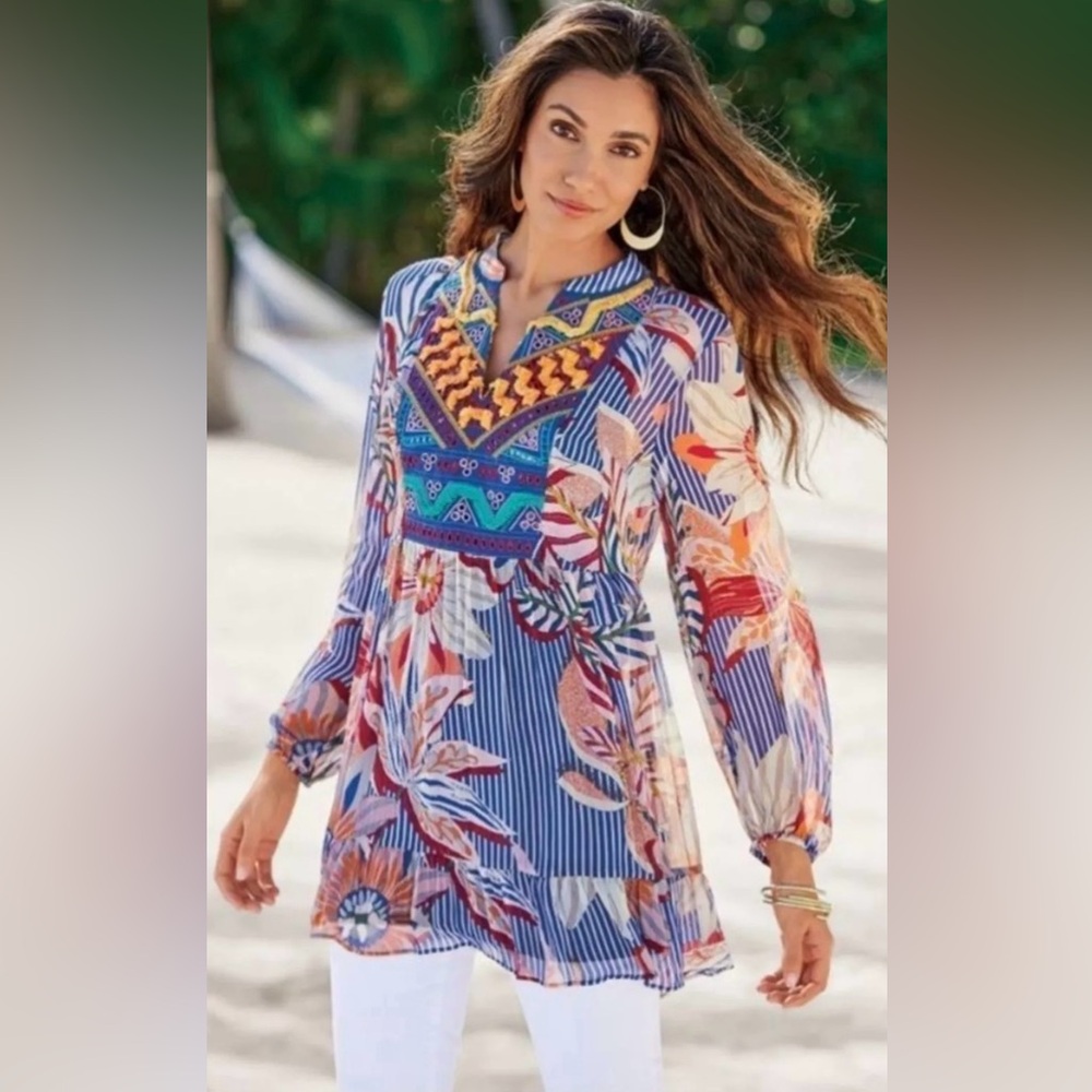 Soft Surroundings Sheer Crinkle Chiffon‎ Tory Tunic w/ Embroidered Bib Size XS